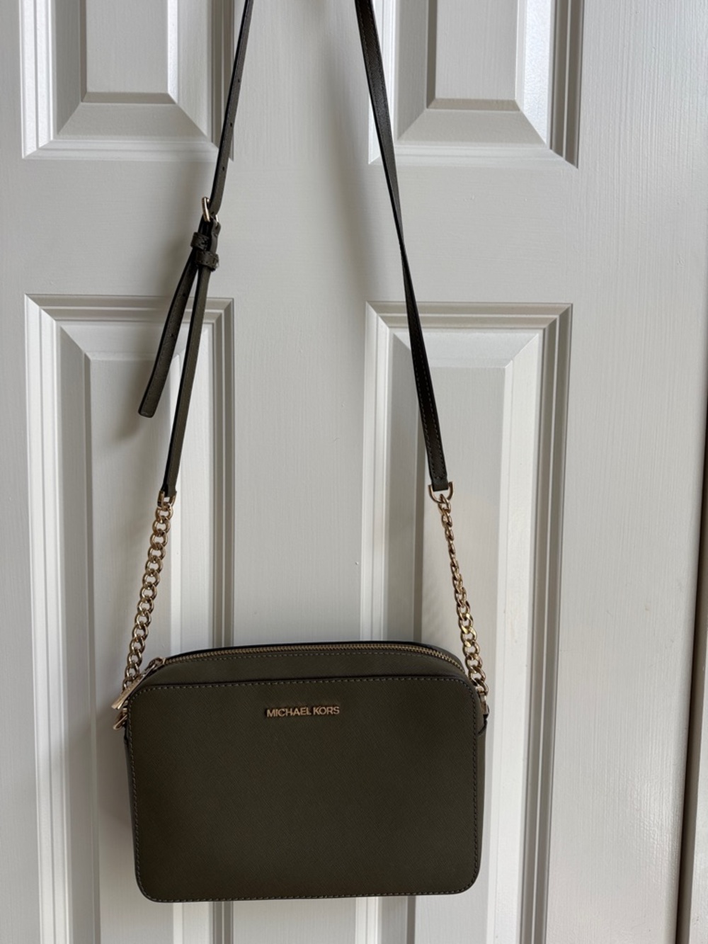 Michael Kors Jet Set Crossbody Bag Hunter Green Gold Chain Leather Purse
